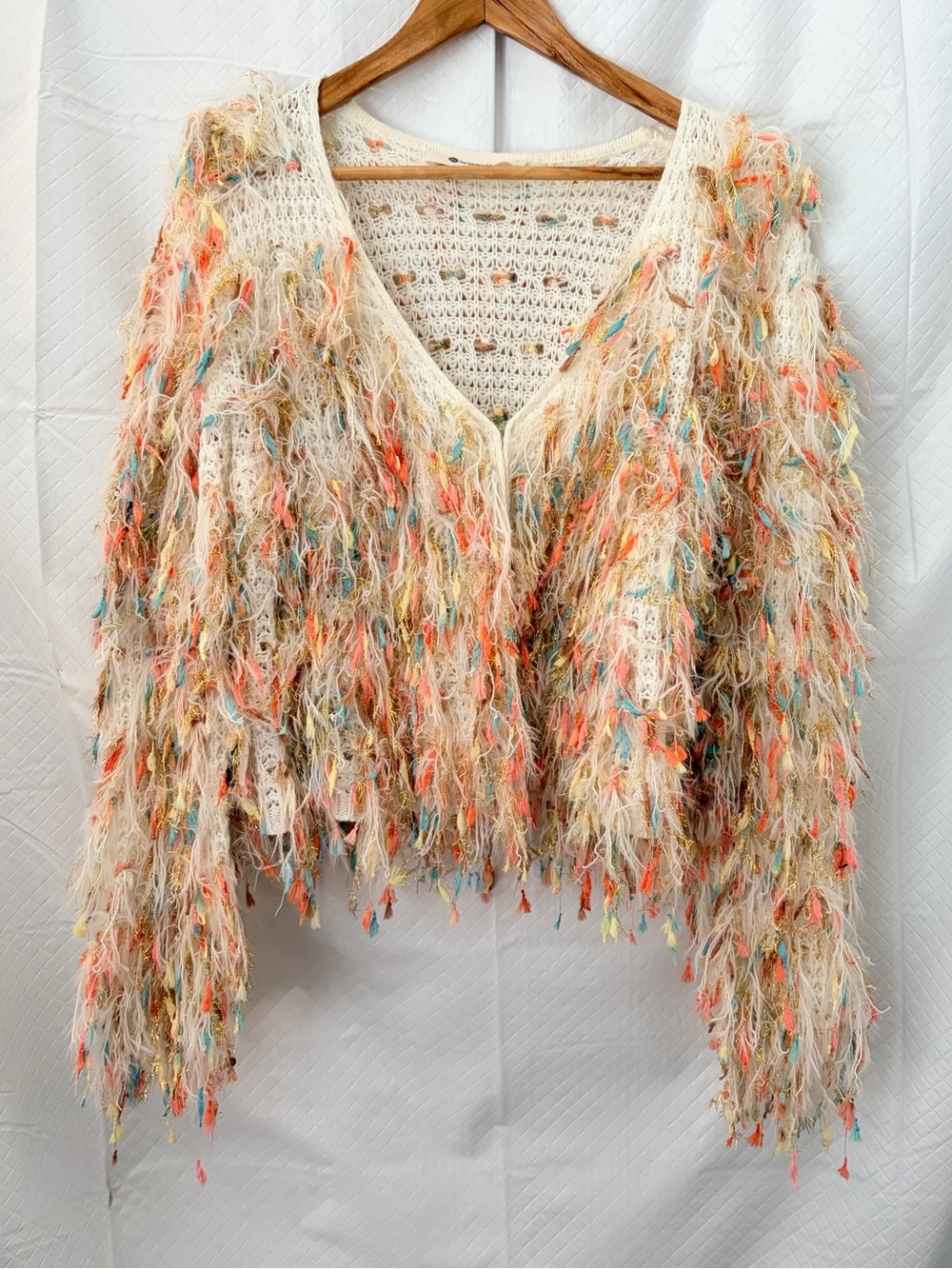 The Impeccable Pig Cream V-Neck Fringe Knit Sweater with Multi Hues